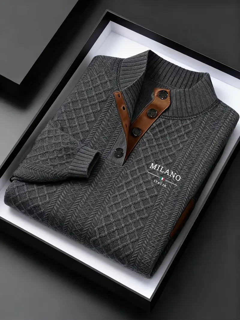 Dark gray men's high-neck knit sweater with printed design, casual style for fall and winter, by Corporación Turística.