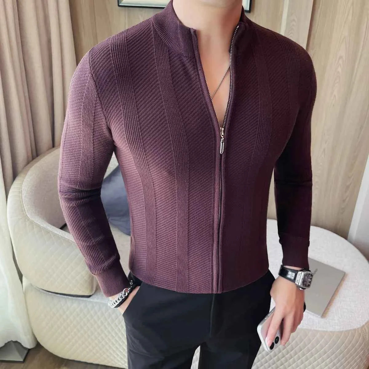 Suéter Cardigan Hombre Cuello Alto Cremallera Cálido Invierno