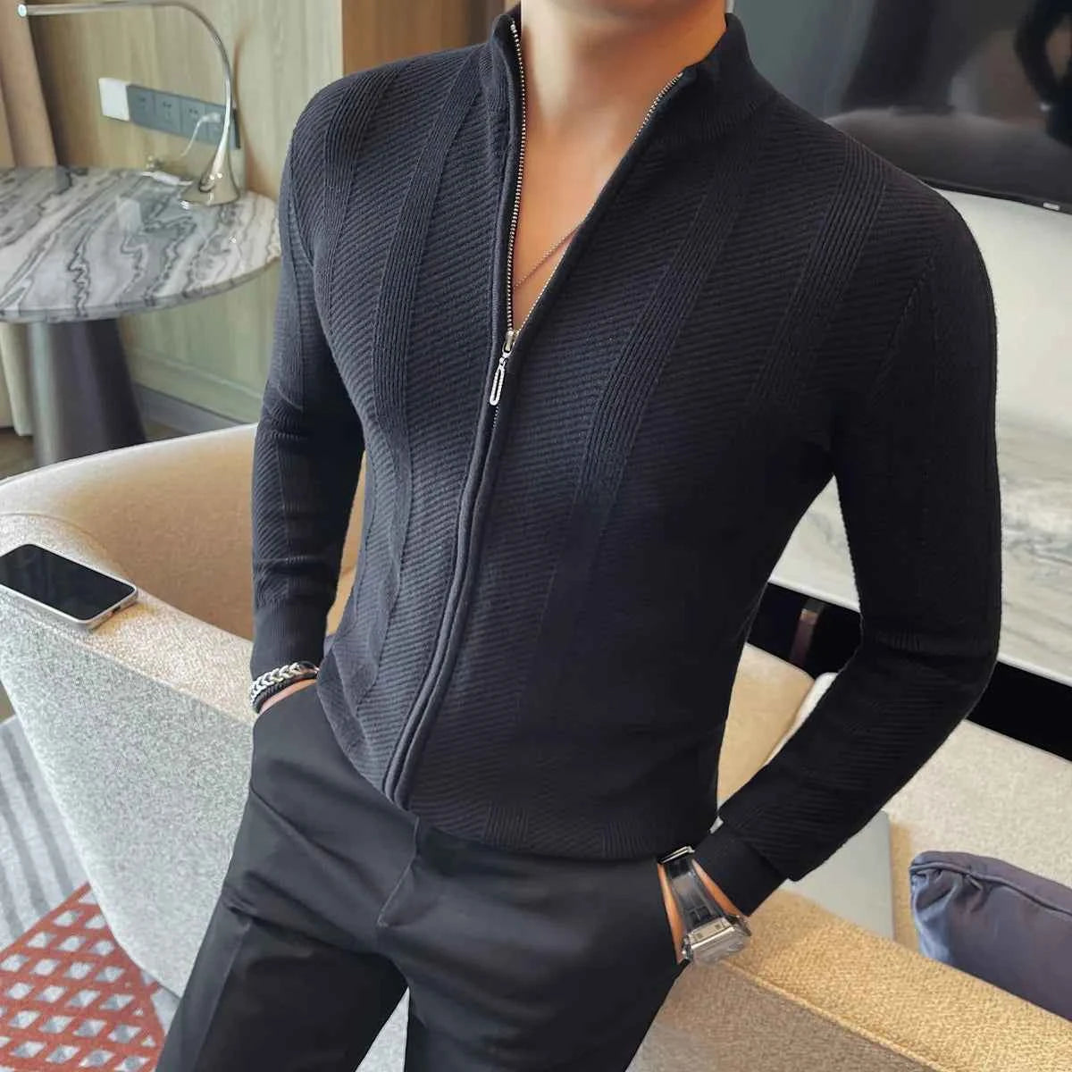 Suéter Cardigan Hombre Cuello Alto Cremallera Cálido Invierno