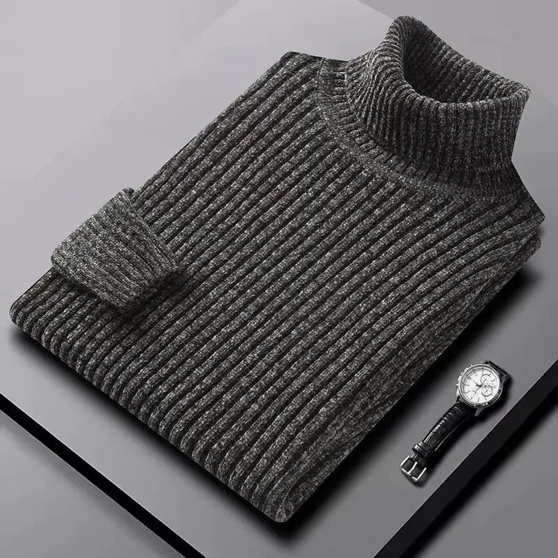 Gray men's thick warm sweater with a high collar, casual winter knit by Corporación Turística, suitable for temperatures 57-65kg.