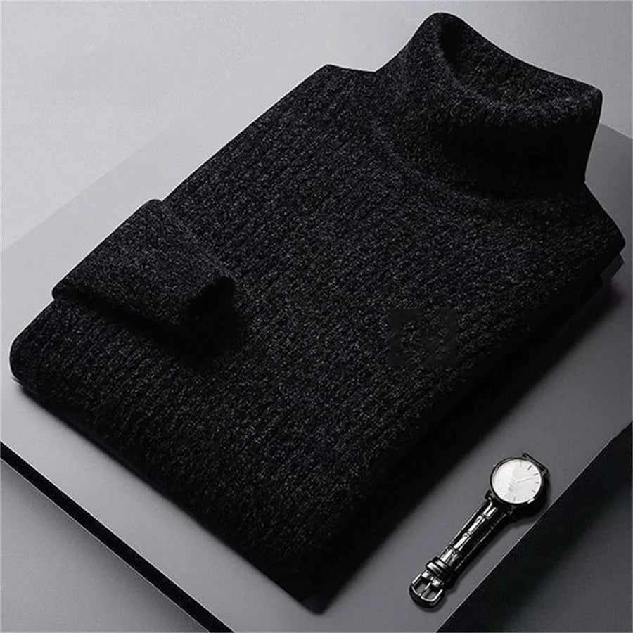 Gray men's thick warm sweater with high collar, casual winter knit by Corporación Turística, suitable for cold weather.