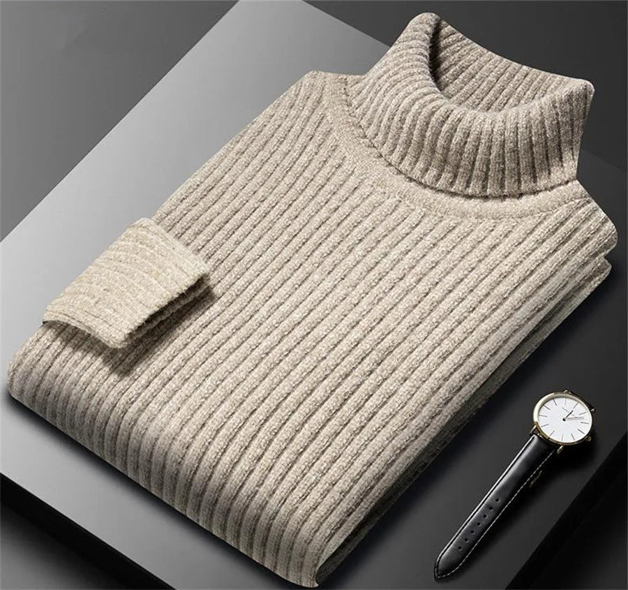 Gray thick men's sweater with a high collar, warm, casual winter knit, featuring a cozy, chunky design from Corporación Turística.