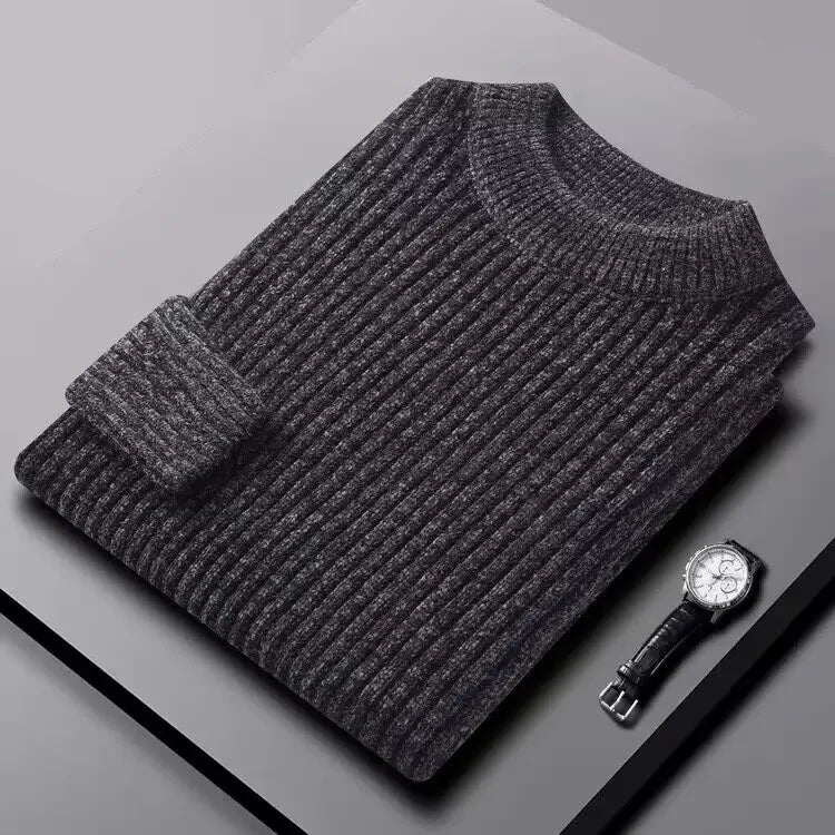 Gray men's thick, warm sweater with a high neckline, casual winter style, featuring a cozy knitted fabric.