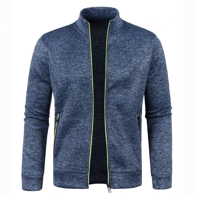 Brown men's long sweater with zipper, block color design, warm fleece, and a slim fit, perfect for winter from Corporación Turística.