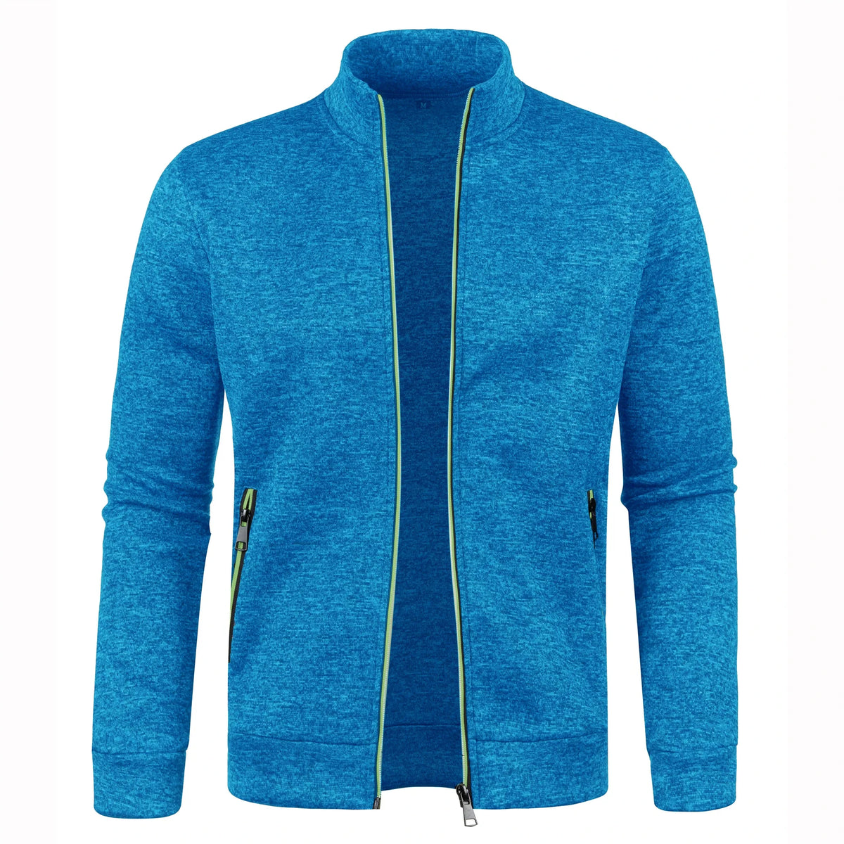 Long men's sweater by Corporación Turística featuring a color block design, zip-up front, warm fleece, and a slim fit for winter.