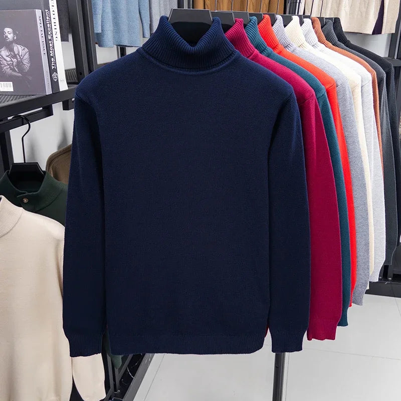 Blue men's high-neck sweater from Corporación Turística, premium quality, cozy autumn-winter knit, suitable for cold weather.