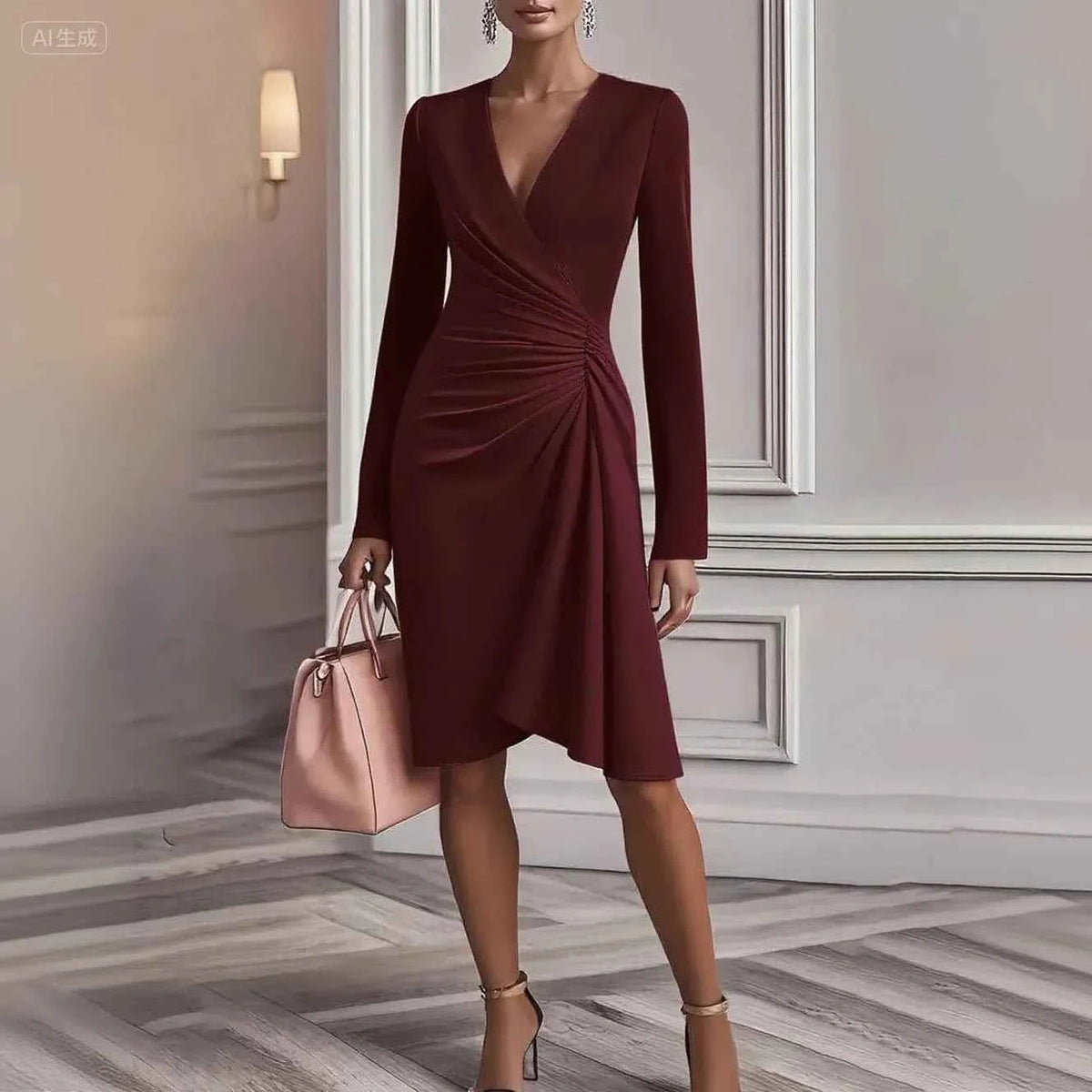 Vestido Midi Elegante Mujer Cuello V Negro 2025 Ajustado Cruzado Oficina