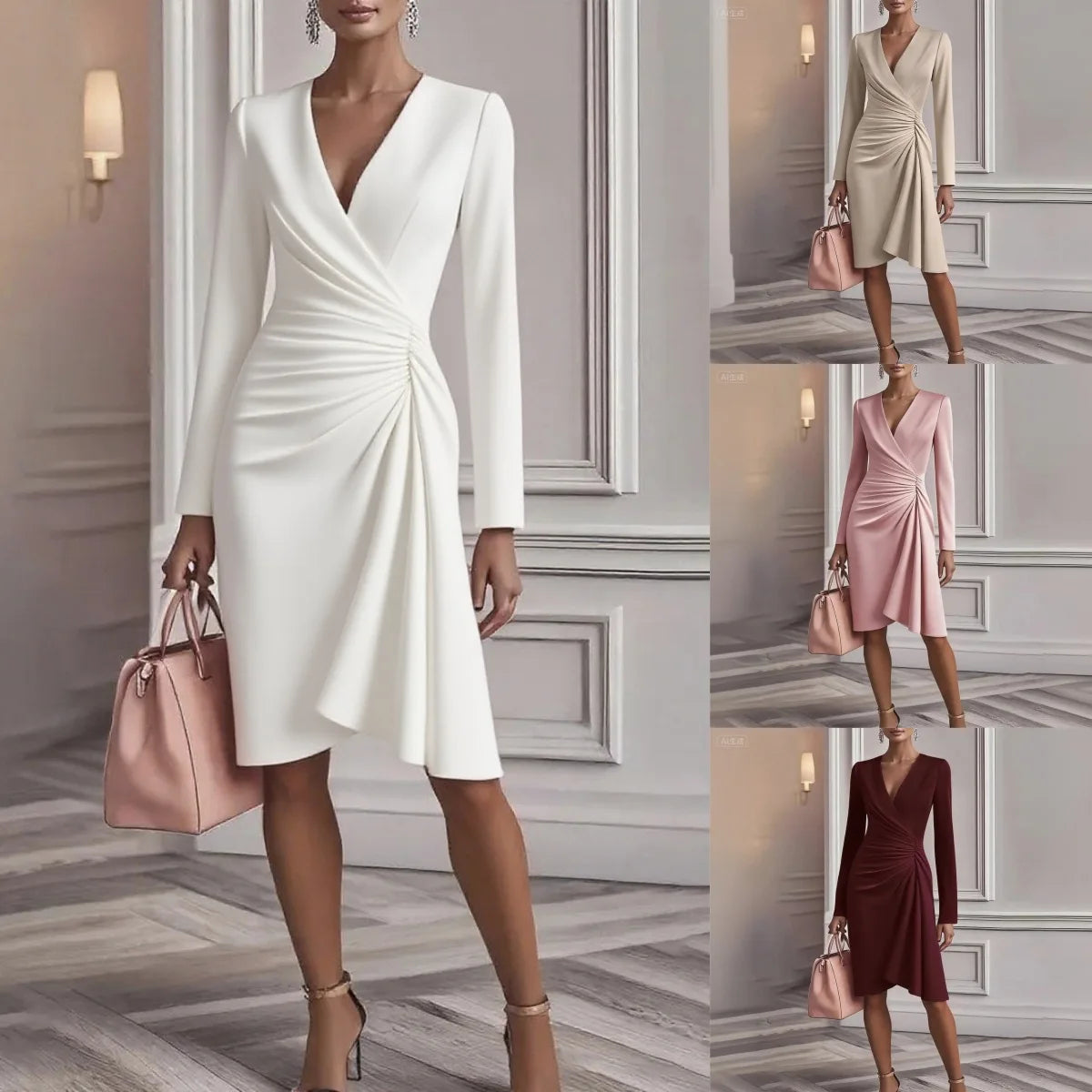 Vestido Midi Elegante Mujer Cuello V Negro Ajustado 2025 (Tallas S-XXL) - Corporación Turística