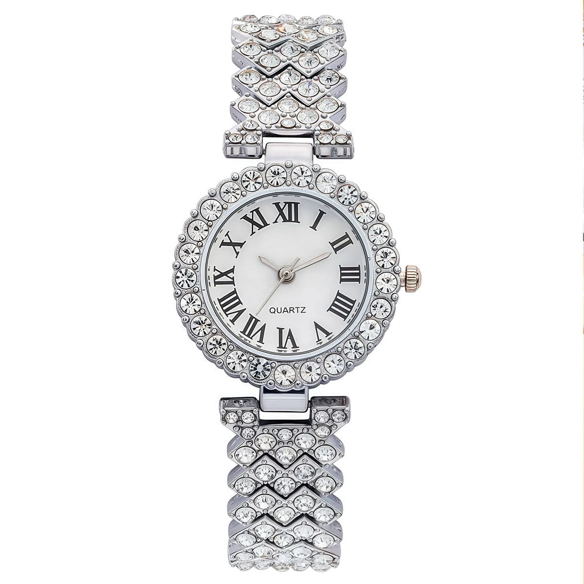 Vista completa del reloj analógico plateado para mujer