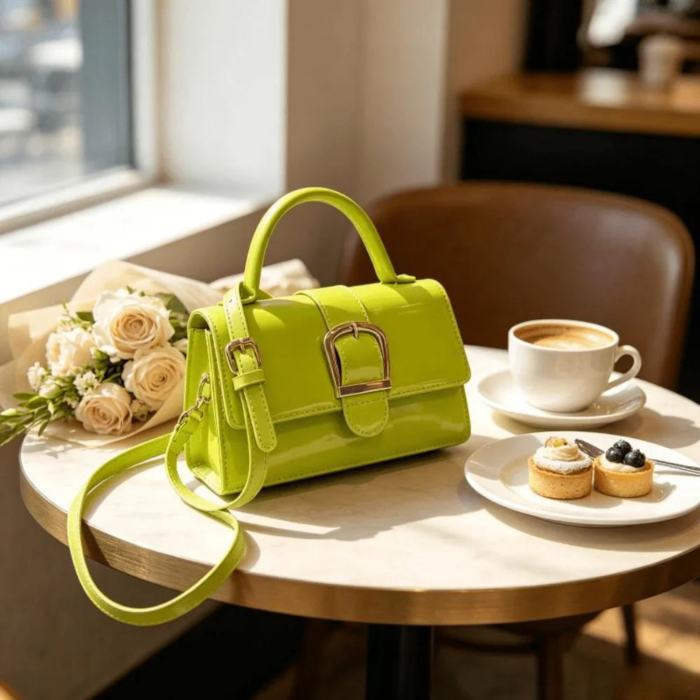 Bolso bandolera verde minimalista para mujer sobre una mesa