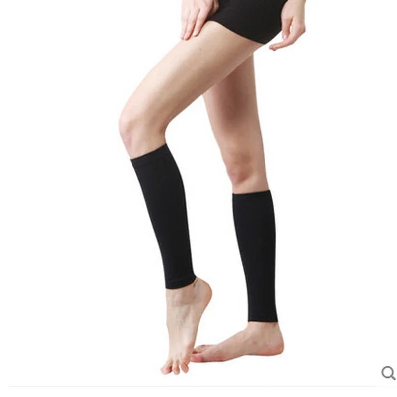 1 par de mangas de compresión para pantorrilla, calcetine de color negro, ideal para aliviar calambres y venas varicosas.