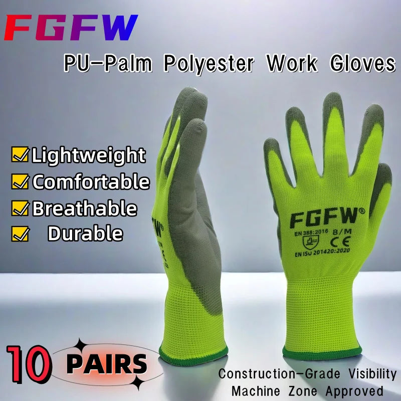 10 Pares Guantes Trabajo PU Certif. EN 388/ISO20471 Seguridad Tallas S-XL - Corporación Turística