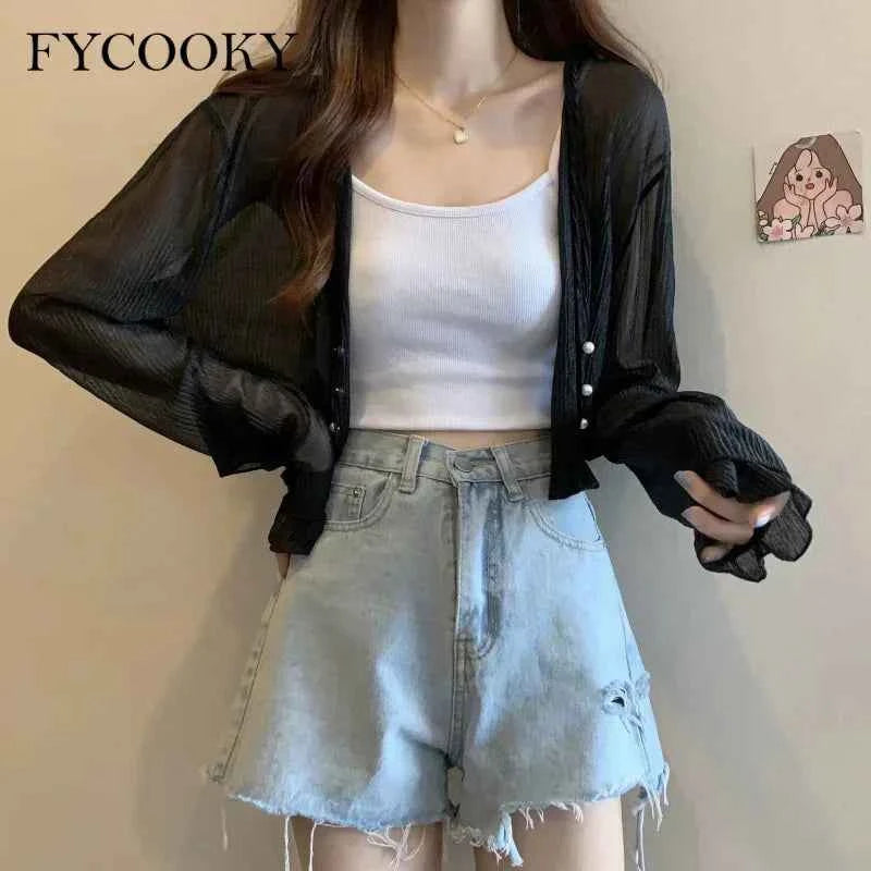 Cárdigan Gasa Hada Verano Mujer FYCOOKY Manga Larga Protector Solar (Rosa, Blanco, Negro, Melocotón)