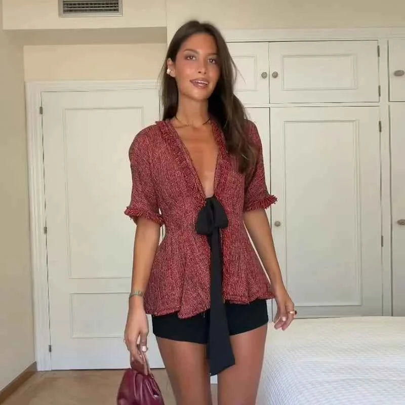 Blusa Vintage Flecos Cuello V Verano 2026 Chic Dama