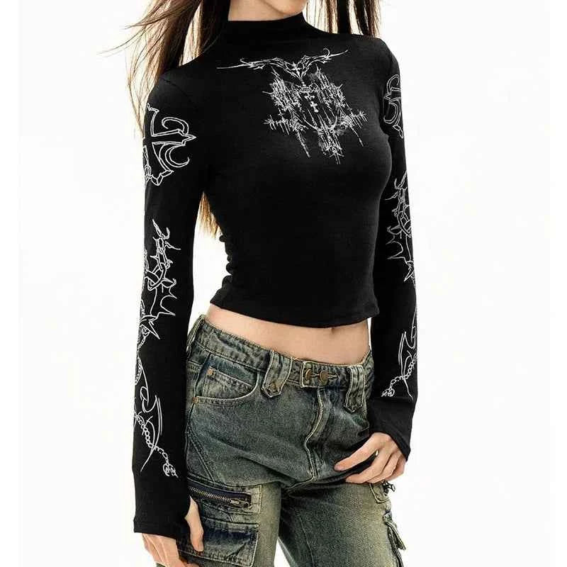 Camiseta Grunge Y2K Mujer Cuello Alto Gráfica - Estilo Emo Punk