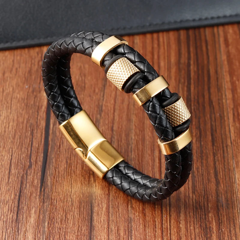 Pulsera Trenzada Hombre Cuero Acero Magnético JIAYUPENG