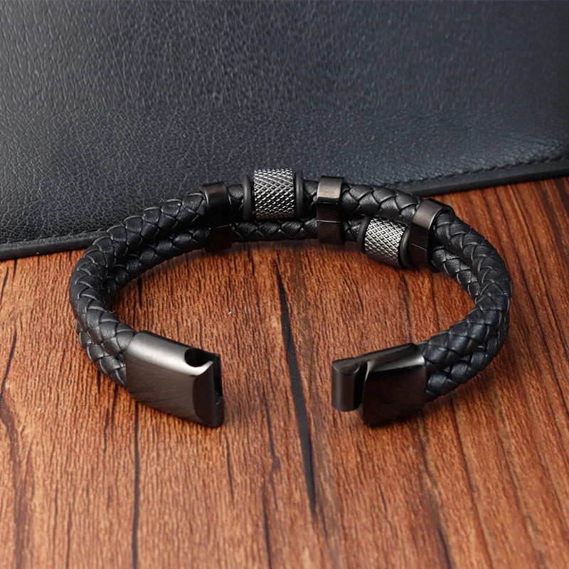 Pulsera Trenzada Hombre Cuero Acero Magnético JIAYUPENG