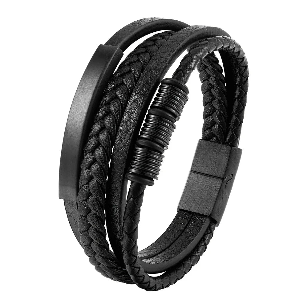Pulsera Trenzada Hombre Cuero Acero Magnético JIAYUPENG
