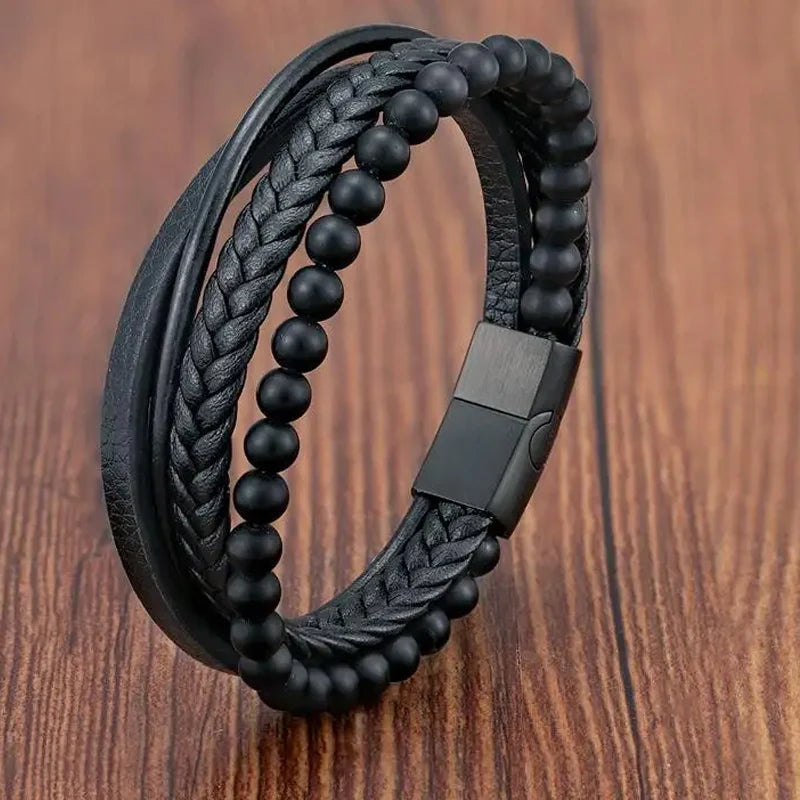 Pulsera Trenzada Hombre Cuero Acero Magnético JIAYUPENG