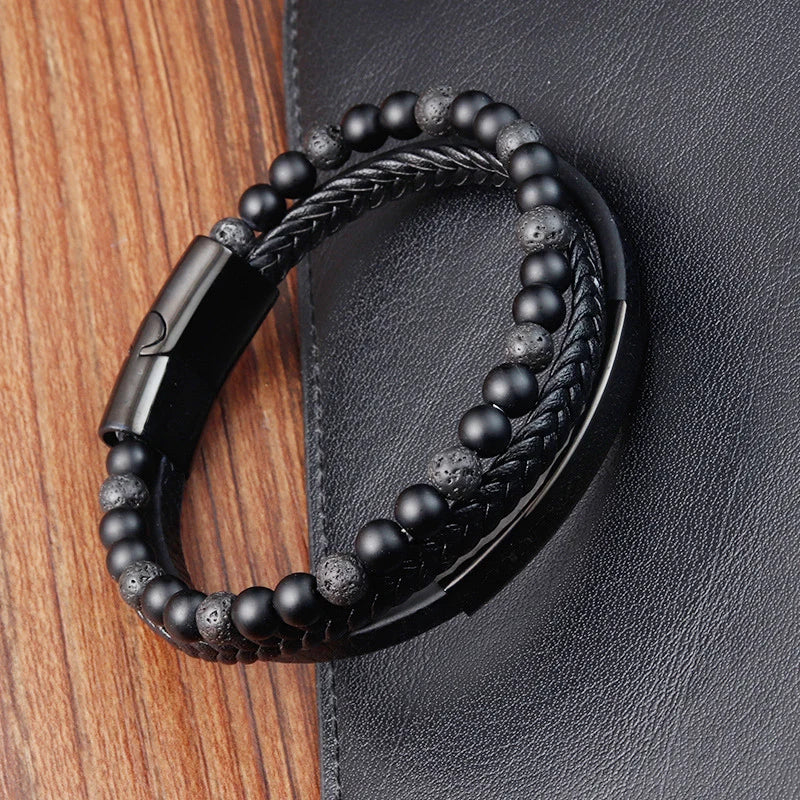 Pulsera Trenzada Hombre Cuero Acero Magnético JIAYUPENG