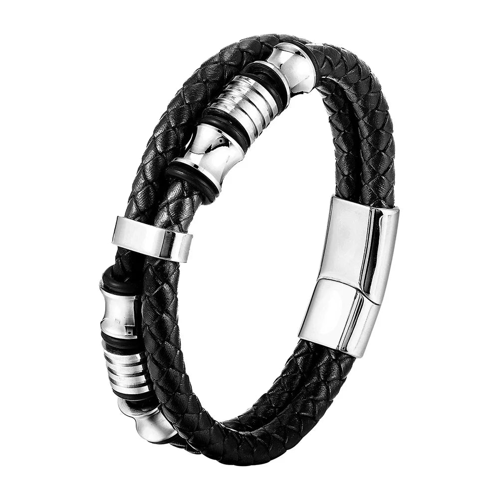 Pulsera Trenzada Hombre Cuero Acero Magnético JIAYUPENG