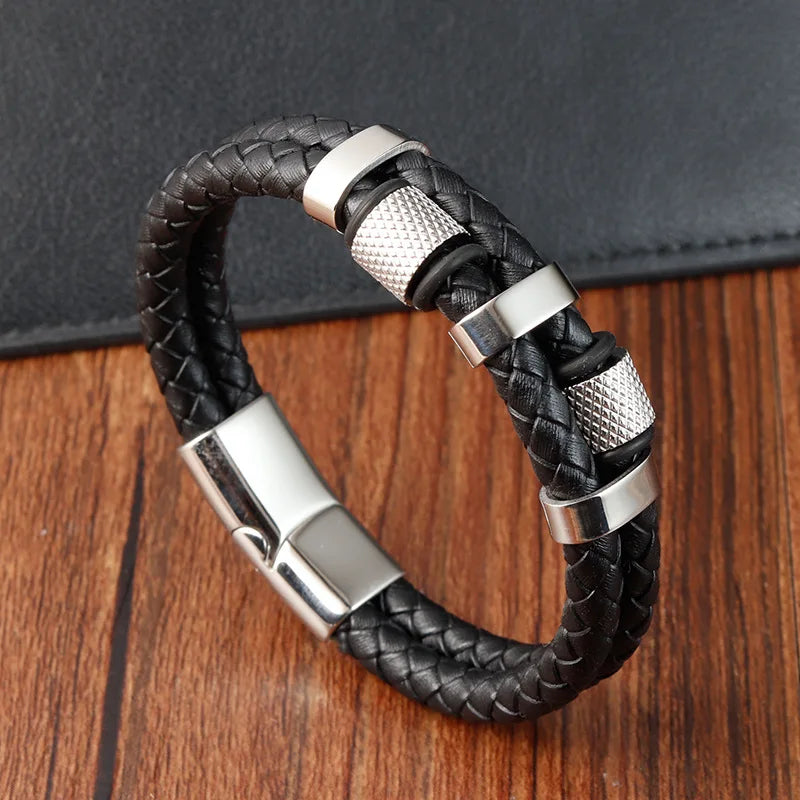 Pulsera Trenzada Hombre Cuero Acero Magnético JIAYUPENG