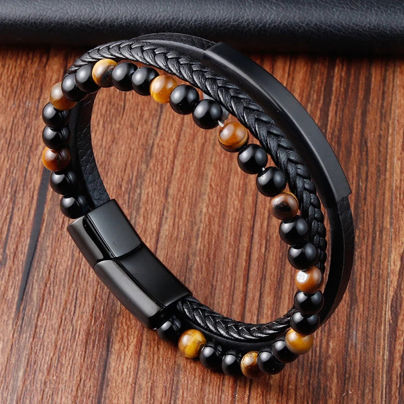 Pulsera Trenzada Hombre Cuero Acero Magnético JIAYUPENG