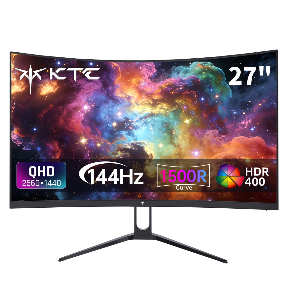 KTC 27-inch curved gaming monitor with 144Hz refresh rate, QHD resolution, HDR400, HVA display, and adaptive sync technology.