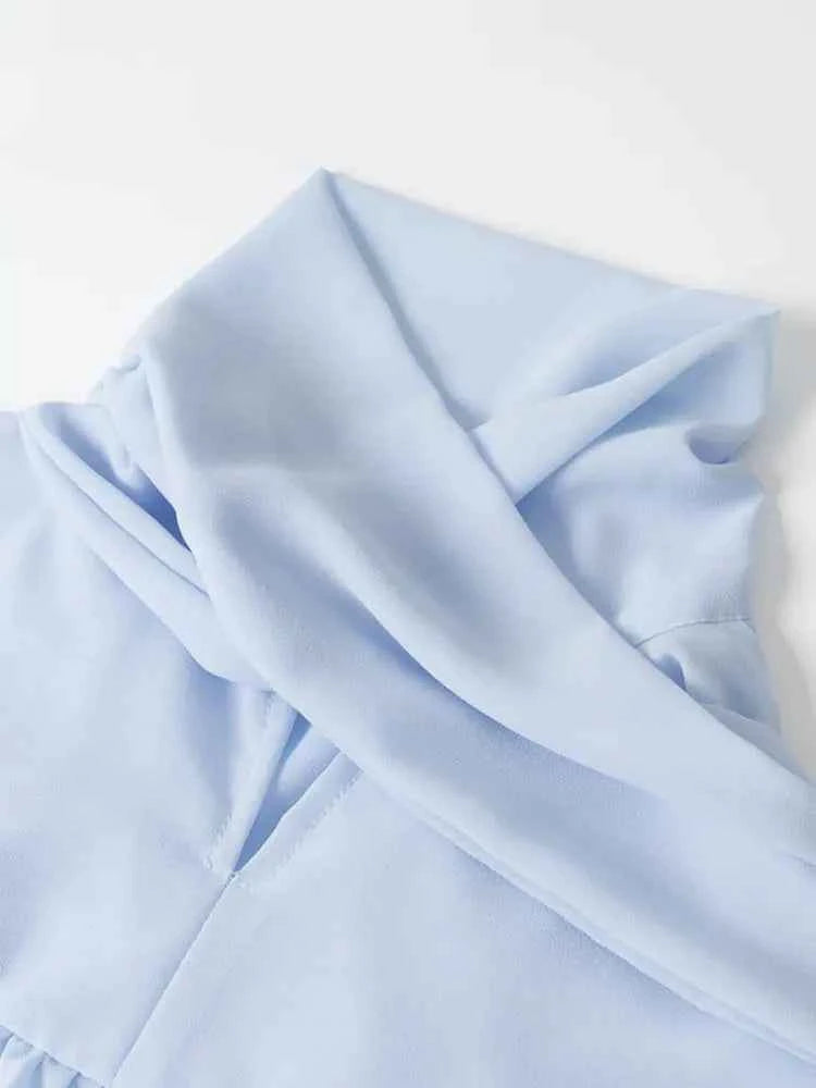 Blusa Gasa Azul Vintage Mujer 2026: Mangas Holgadas con Volantes