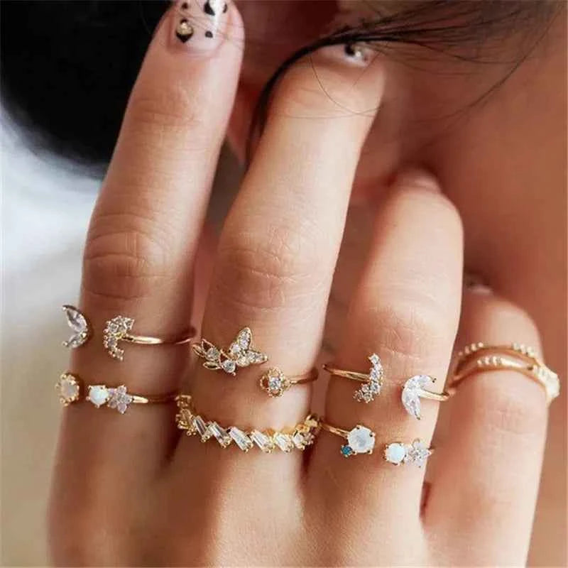 Conjunto Anillos Bohemios Circon: Modyle Oro 18K - Regalo Boda Mujer
