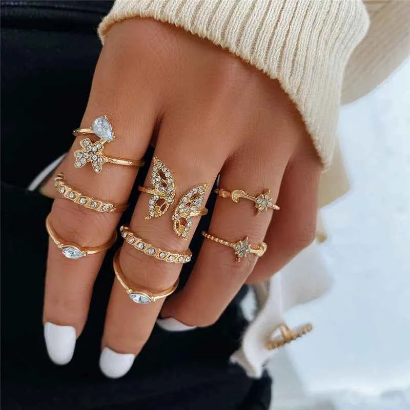 Conjunto Anillos Bohemios Circon: Modyle Oro 18K - Regalo Boda Mujer
