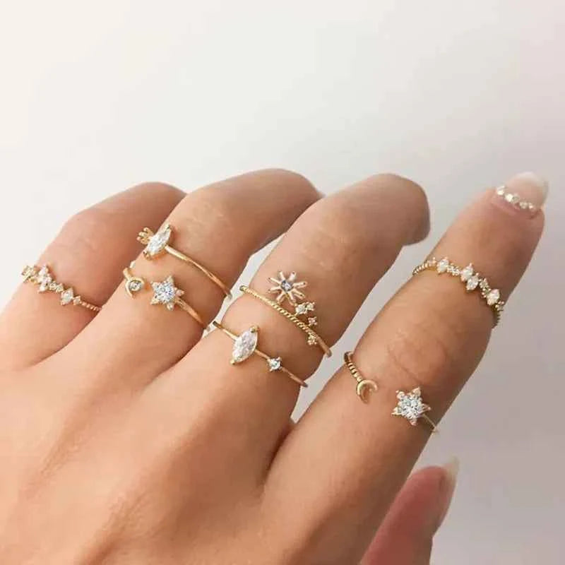 Conjunto Anillos Bohemios Circon: Modyle Oro 18K - Regalo Boda Mujer