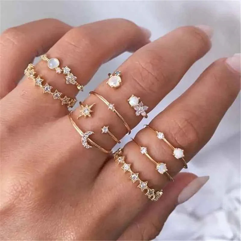 Conjunto Anillos Bohemios Circon: Modyle Oro 18K - Regalo Boda Mujer