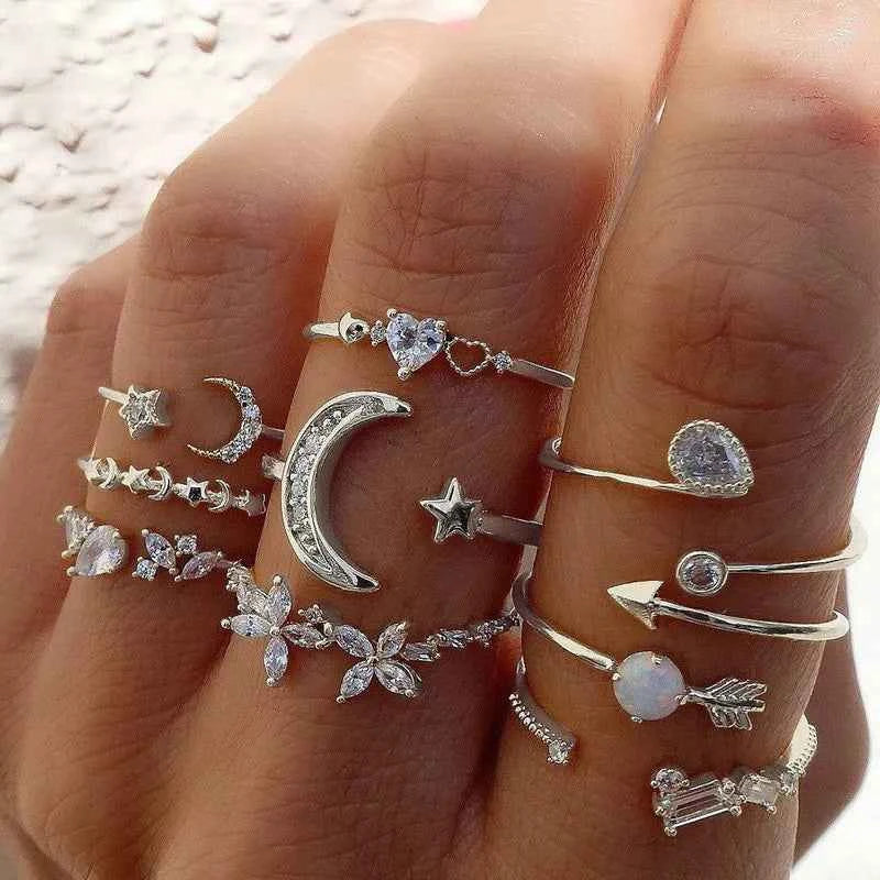 Conjunto Anillos Bohemios Circon: Modyle Oro 18K - Regalo Boda Mujer
