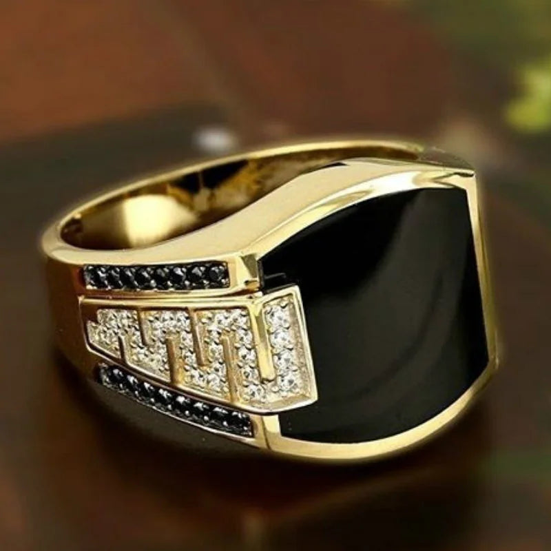 Anillo Punk Piedra Negra Hombre | Circonita Dorada | Lujo Boda Compromiso