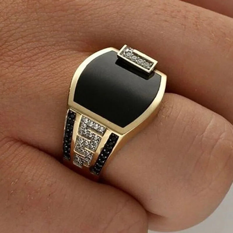 Anillo Punk Piedra Negra Hombre | Circonita Dorada | Lujo Boda Compromiso