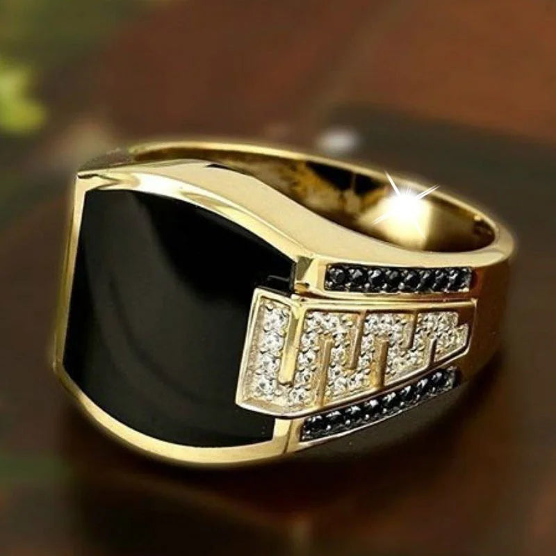 Anillo Punk Piedra Negra Hombre | Circonita Dorada | Lujo Boda Compromiso