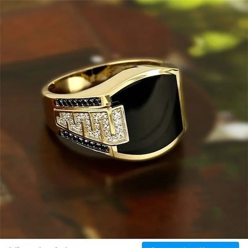 Anillo Punk Piedra Negra Hombre | Circonita Dorada | Lujo Boda Compromiso