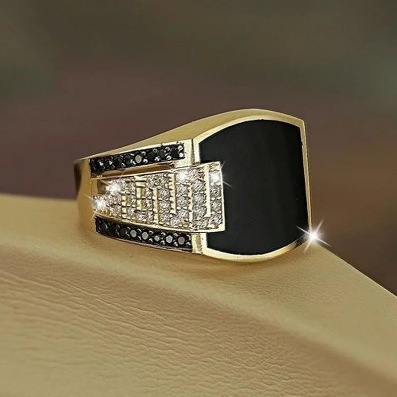 Anillo Punk Piedra Negra Hombre | Circonita Dorada | Lujo Boda Compromiso