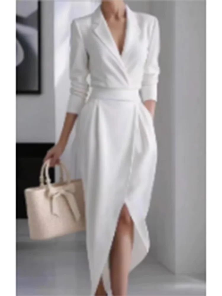 Vestido Elegante Oficina Mujer Cuello V Manga Larga - Moda Casual