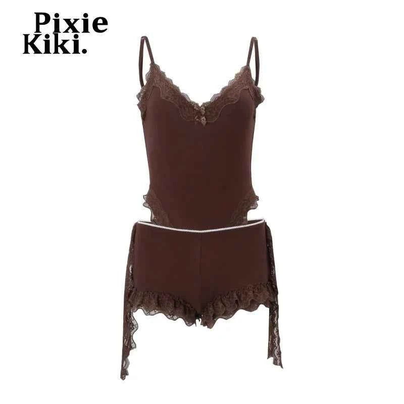 Conjunto PixieKiki Mujer: Body Encaje y Shorts Verano 2026 (Marrón)