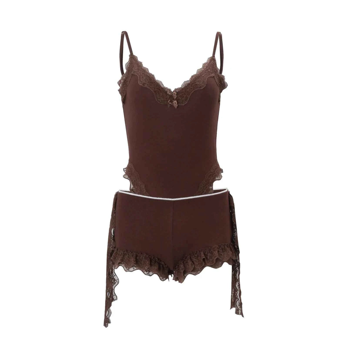 Conjunto PixieKiki Mujer: Body Encaje y Shorts Verano 2026 (Marrón)