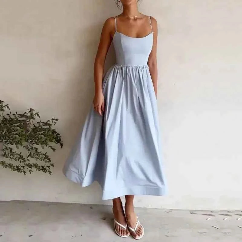 Vestido Midi Rosa Vacaciones Mujer 2026 Elegante Tirantes Finos Línea A