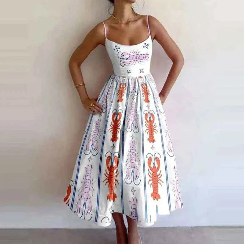 Vestido Midi Rosa Vacaciones Mujer 2026 Elegante Tirantes Finos Línea A