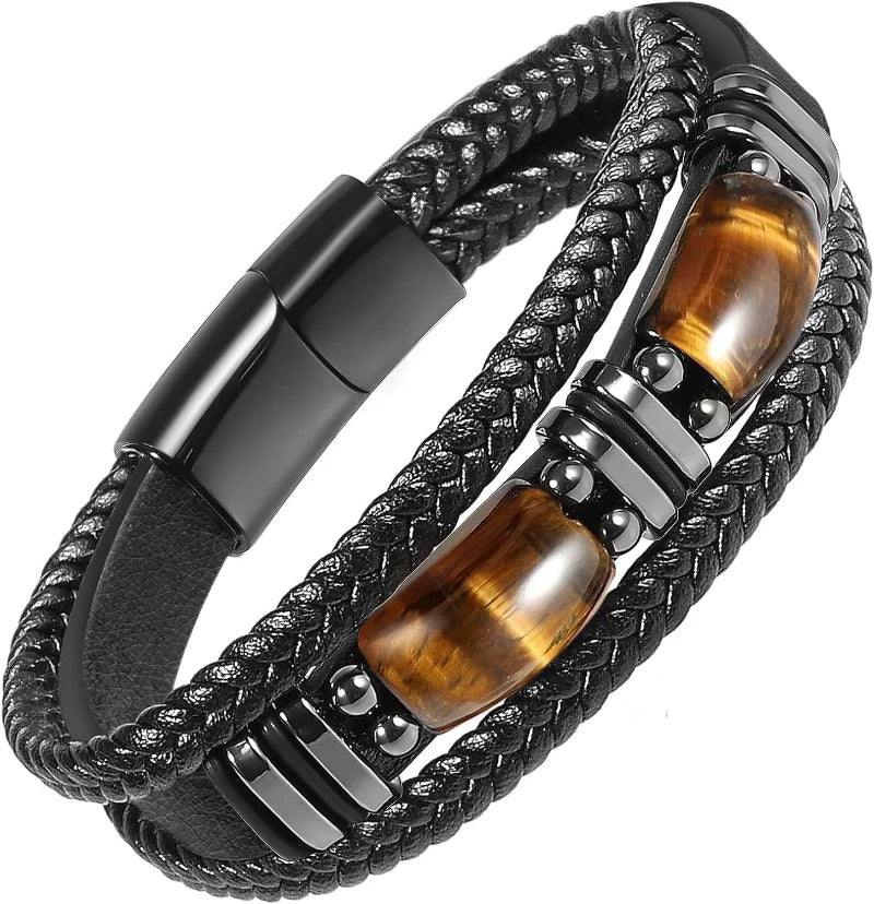 Pulsera Cuero Negro Ojo Tigre Hombre - RUIYI Protección y Estilo
