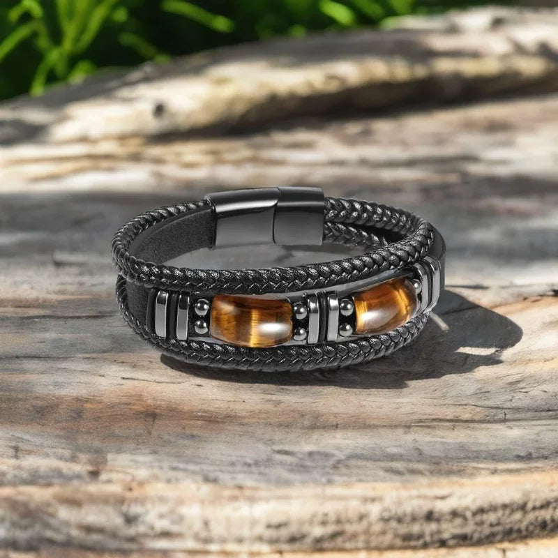 Pulsera Cuero Negro Ojo Tigre Hombre - RUIYI Protección y Estilo