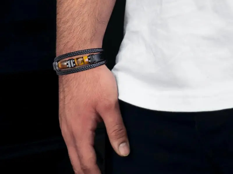 Pulsera Cuero Negro Ojo Tigre Hombre - RUIYI Protección y Estilo