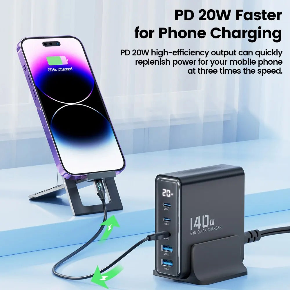 Cargador GaN Toocki 140W 5 Puertos Carga Rápida Escritorio LED