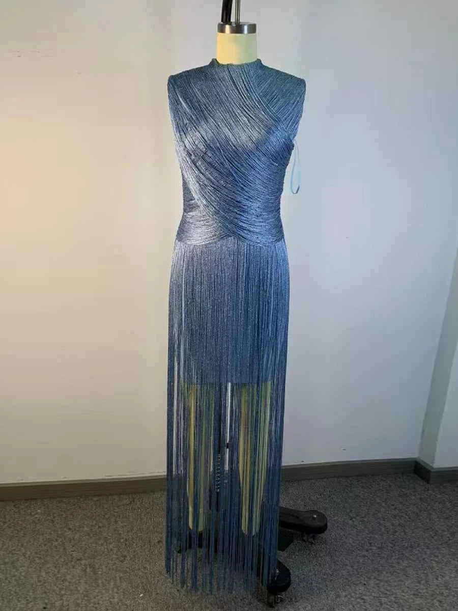 VGH Vestido Noche Azul Cuello Alto Flecos Midi Fiesta Elegante