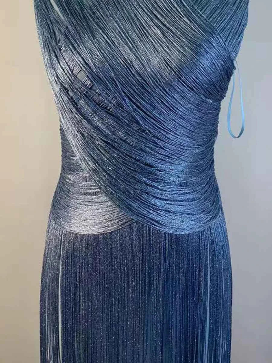 VGH Vestido Noche Azul Cuello Alto Flecos Midi Fiesta Elegante